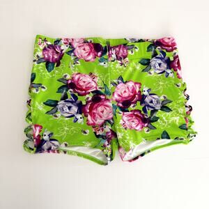 [Torrid] Neon Green Floral Rose Print Lattice Lace Up Side Swim Shorts Size 1X